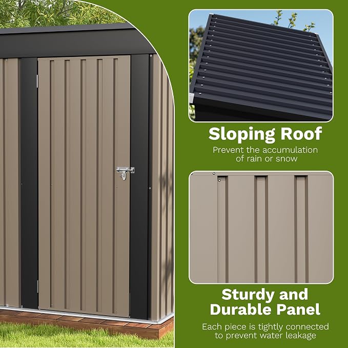 Patiowell 5x3 FT Outdoor Storage Shed, Brown | Tool Shed, Sloping Roof, Lockable Door, Metal Shed for Backyard Garden Patio Lawn