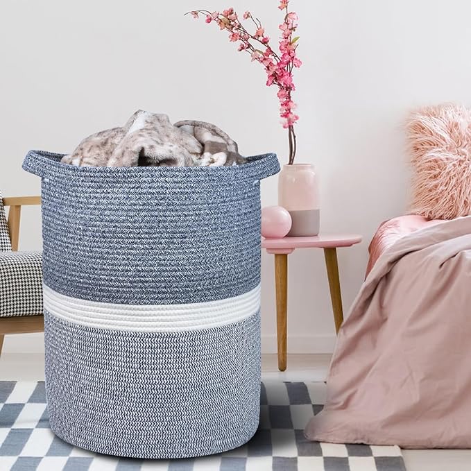 Cotton Rope Blanket Basket, 72L Laundry Hamper, Navy Blue &White