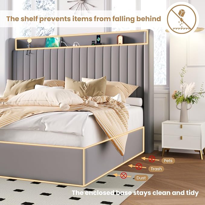 SHA CERLIN Full Size Lift Up Storage Bed Frame, Charging Station, Grey | Storage Headboard with Charging Station, USB, Type-C Port Velvet Hydraulic Storage Bed No Box Spring Needed Noise Free
