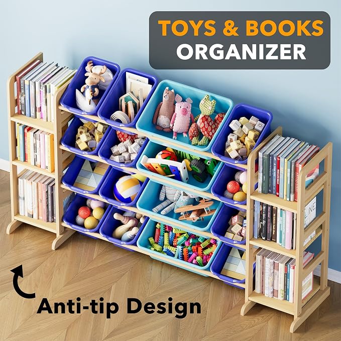 Modern 6-Shelf Toy Organizer with 16 Removable Bins for Kids Room Decor and Playroom Storage by SpaceAid