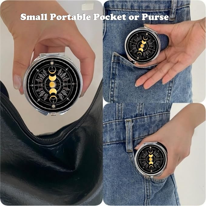 Small Pill Box 3 Detachable Compartments Pill Case with Mirror 2.4inches Pocket Round Medicine Organizer, Mini Portable Pill Organizer for Pocket Purse& Travel Convenience-Nebula Moon Phase