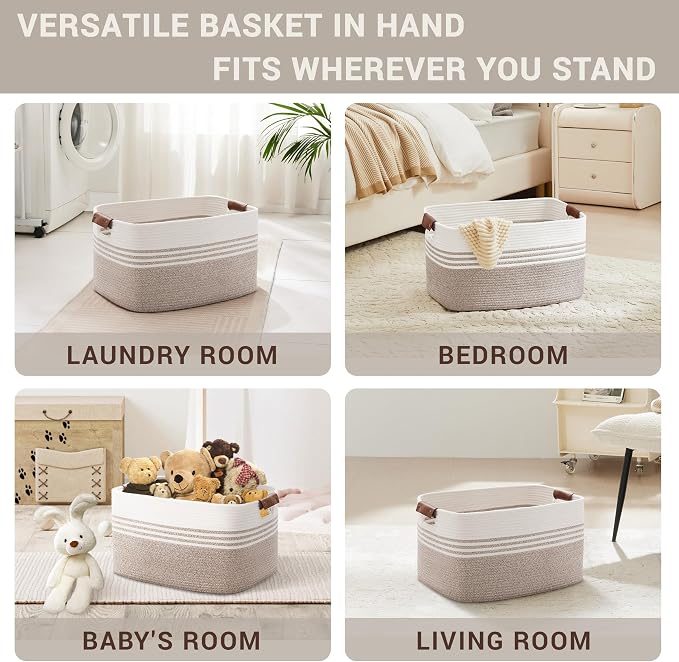 60L Woven Laundry Basket Hamper with Leather Handles,Brown | collapsible wicker hamper, storage for dirty clothes, toys, blankets, gifts, living room, bedroom, bathroom, 21"x15"x11"