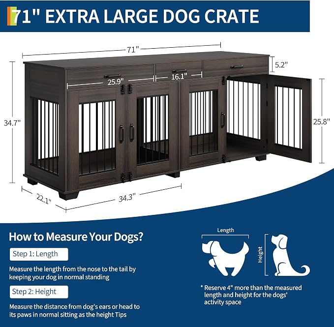 71" Large Dog Crate for 2 Dogs, Double Dog Cage Furniture with 3 Drawers for Ample Storage Space, Furniture Style Indoor Dog Crate & TV Stand, for Large Medium Dogs, Walnut