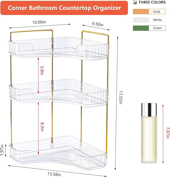 Corner Bathroom Counter Organizer Bathroom Countertop Shelf Makeup Organizer for Vanity Perfume Tray for Corner Storage (3 Tiers, White)