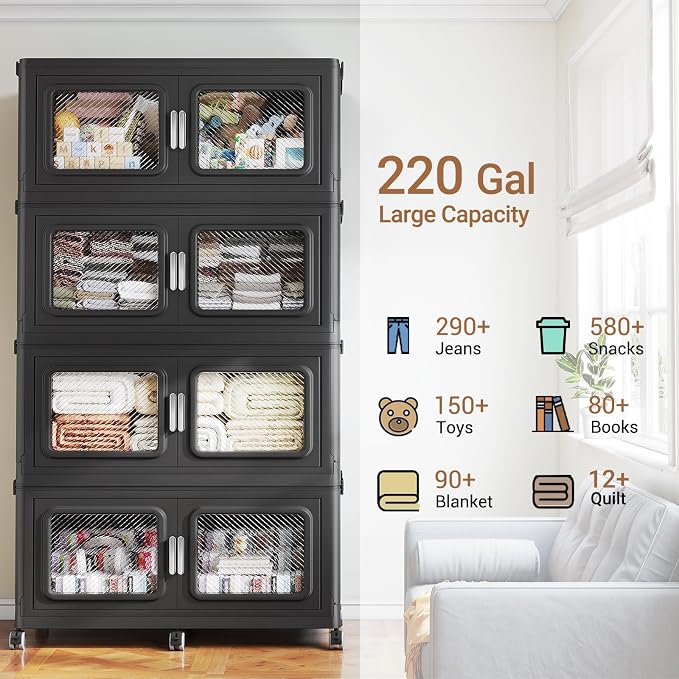 BROVIEW 880 Qt Extra Large Stackable Storage Bin with Lids, 4 Pack Black | 220Gal Extra Large, Collapsible Storage Boxes with 4 Lids, Folding& Rolling Plastic Drawer, Heavy-Duty Cabinet Organization