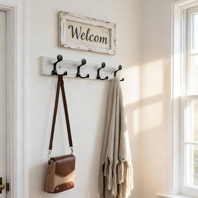 SKOLOO 24-Inch Wood Coat Rack Wall Mount with 4 Triple Hooks - Ideal for Family Entrances, Classrooms, and Pet Supplies Storage - Perfect Coat Hooks for Wall,Distressed White Wash, Pack of 2