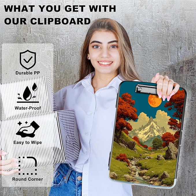 A4 Clipboard with Storage Pen Holder, Clipboards Organizer Nursing Clipboard Foldable File Folder Plastic Clipboard Folio Clip Board for Office Classroom Doctor, Snow Mountain Moon Brook