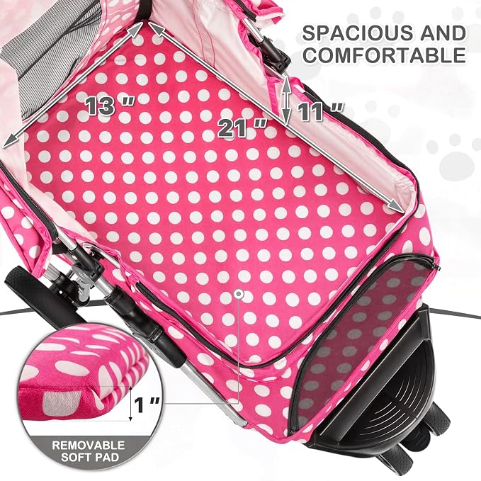 MoNiBloom Pet Stroller for Small/Medium Dogs and Cats, Hot Pink Polka Dots | Foldable Dog Stroller 3 Wheels Pet Strolling Cart w/ Storage Basket Cup Holder, Breathable and Visible Mesh for All-Season