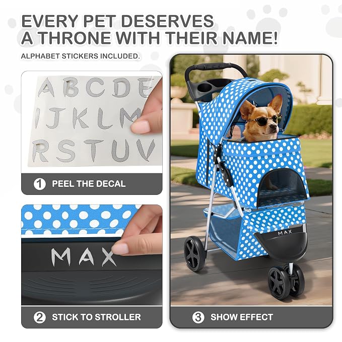 MoNiBloom Pet Stroller for Small/Medium Dogs and Cats, Sky Blue | Foldable Dog Stroller 3 Wheels Pet Strolling Cart w/ Storage Basket Cup Holder, Breathable and Visible Mesh for All-Season