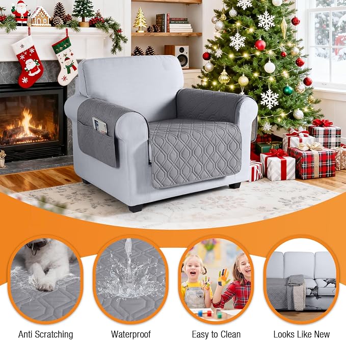 VANSOFY Waterproof Chair Seat Cover for Pets, Light Gray, 22" | Non-Slip, Washable, Utility Pockets, Pet Friendly, Furniture Protector Slipcover for 1 Seater Couch