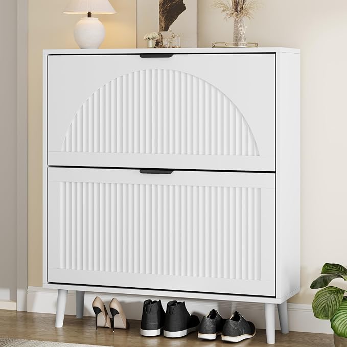 Shoe Storage Cabinet with 2 Flip Drawers, Narrow Wood Shoe Organizer Cabinet with Fluted Panel, Slim Shoe Rack for Entryway, Freestanding Shoe Cabinet for Living Room, Hallway, White