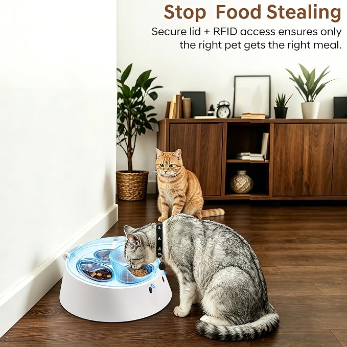 RFID Microchip Cat Feeder, 1 Tag Opens 2 Hidden Bowls, Anti-Theft | 3 removable stainless bowls (2 protected + 1 open), quiet rotating access, 2-4 in tag range, cordless 10 days or plug-in