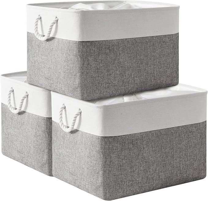 Storage Bins Baskets for Organizing, 20.5L×15.7W×13.8H 3 Pack Sturdy Fabric Storage Basket W/Handles, Decorative Foldable Storage Baskets for Shelves Closet Nursery Toy (White & Grey)