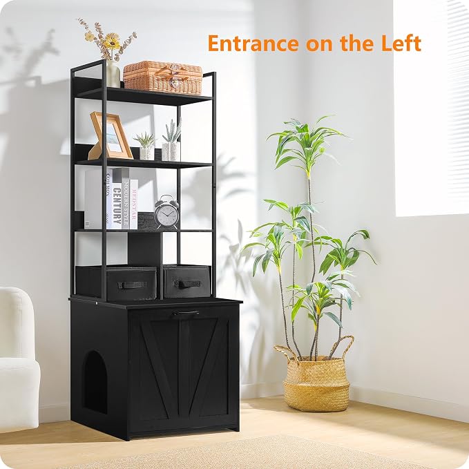 Dwanton Cat Litter Box Enclosure, 3 Storage Shelves and 2 Drawers, 61.8" H | 2-in-1 Hidden Cat Litter Box Enclosure Furniture with Shelf, Metal Frame, Reversible Entrance, Washable Drawers, Black