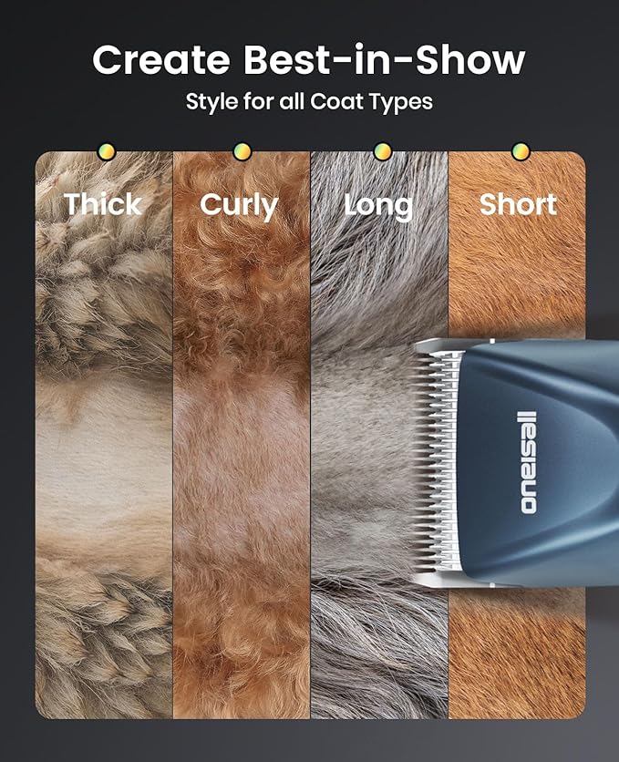 oneisall Professional Dog Grooming Clippers, Cordless Professional Dog Clippers for Grooming, 2-Speed Heavy Duty Clippers for Thick Curly Matted Coats, A5 Blade, Detachable Batteries, Metal Combs