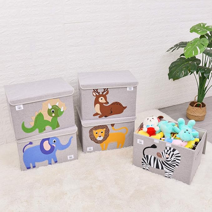 Large Toy Box Storage with Lid, Foldable Fabric Toy Chest Storage for Kids | Toy Organizer Basket, Collapsible Animal Print Storage Bin for Toddlers, Boys and Girls, Playroom, Baby Nursery (Lion)