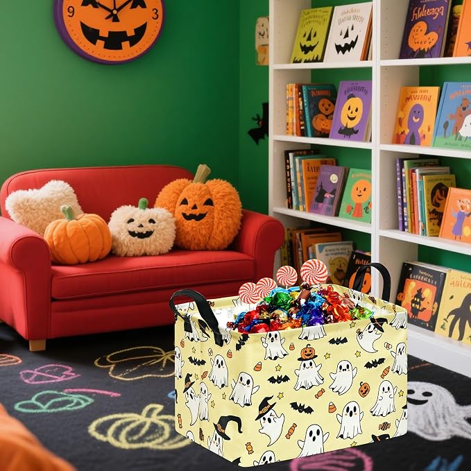 Halloween Basket Yellow Pumpkin Ghost Storage Toy bin For Boys Girls Kids | Foldable Storage Basket ,Waterproof Organizer Bin,Pumpkin Bat Pattern Nursery Hamper, Halloween Decor,Collapsible Organizer
