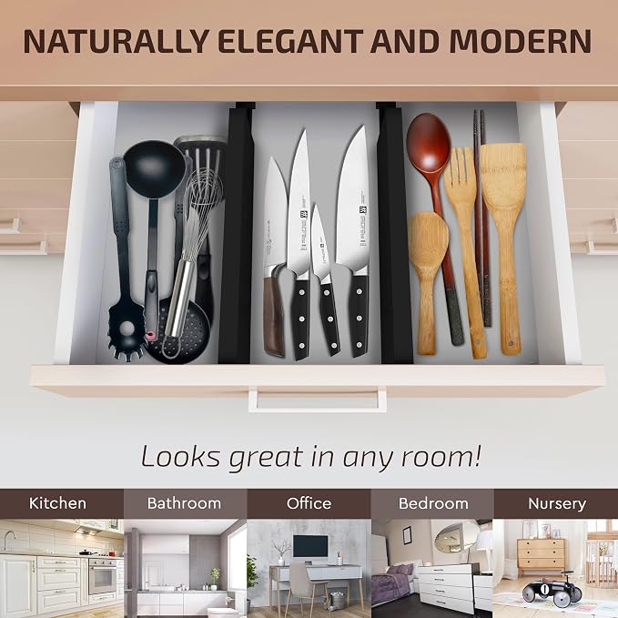 6-Pack Drawer Dividers 2.6-Inch High Dresser Organizer 16 to 22 Inch, Black | Bamboo, Spring Loaded, No Tools Needed, Fits Wide Drawers for Socks, Clothes, Utensils, Bedroom, Bathroom, Kitchen, Office