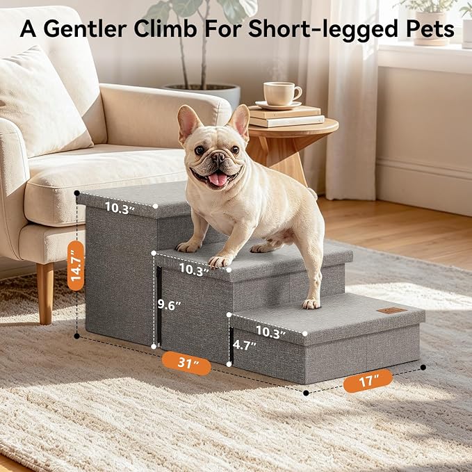 Zerbuger Dog Stairs with Storage, Small Grey 3 Steps Dog Ramp no Condo | 18" H Wider Dog Steps for High Beds Couch, Folding Storage Pet Stairs Gift for Climbing Small/Medium/Large Old Dogs Cats