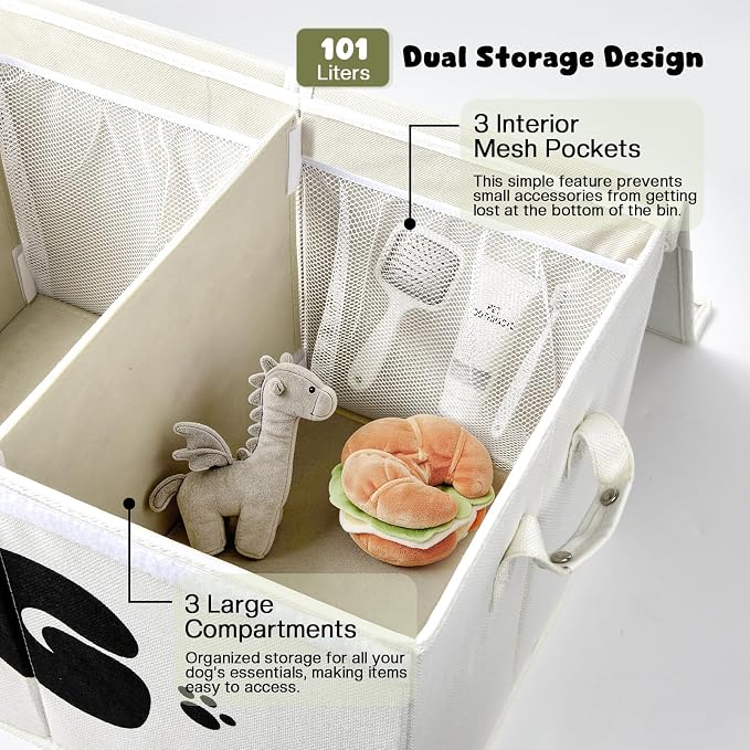Dog Toy Basket with Lid, 3 Compartments Dog Basket for Toys, Dog Toy Box with 2 Removable Dividers, Collapsible Storage Bins for Dog Toys, Dog Storage Organizer, Beige