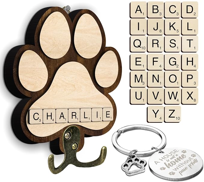 Dog Leash Holder for Wall Mount with Scrabble Letters, Wooden Paw Print Wall Hook, Pet Collar and Harness Organizer for Entryway, Key Hook for Pet Lovers & Dog Owners, Home Decor PF283