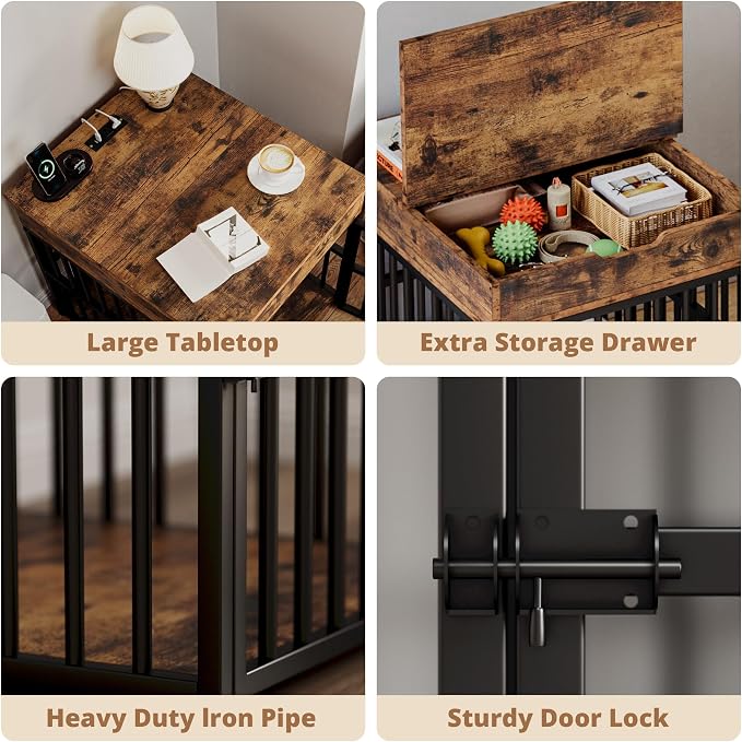 IRONCK Dog Crate Furniture for Small Dogs, Rustic Brown | Wooden Dog Kennel with Flip Top Drawer, Indoor Pet Crate End Table with Charging Station, Steel-Tube Dog Cage