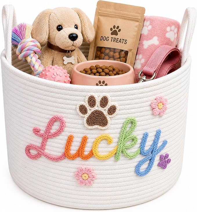 JUPPE Pet Dog Basket with Personalized Name, Dog Toys Storage Organizer Custom Cotton Rope Basket Nursery Decor (XL Basket)