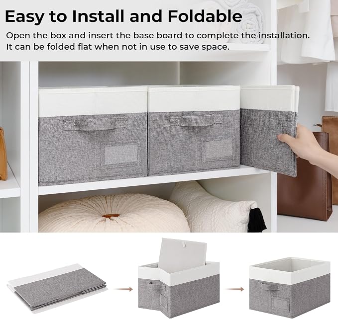 GRANNY SAYS Closet Storage Bins with Label, Gray&White, Medium, 3-Pack | Fabric Storage Bins, Closet Storage Bins for Clothes, Shelf Storage Baskets with Handles, Collapsible Storage Boxes
