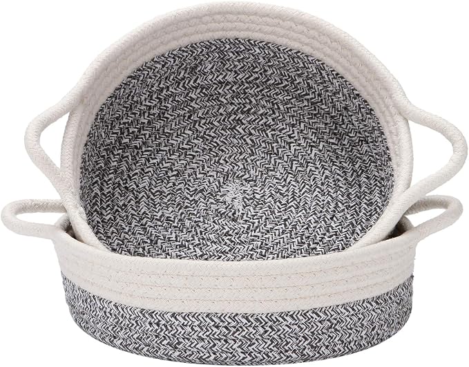 Sea Team 2-Pack Compact Woven Cotton Rope Storage Baskets, Mottled Gray | Knitted Decorative Organizer Bins with Handles, Portable Round Containers for Small Items, Keys, Makeup, Jewelry, Trinkets