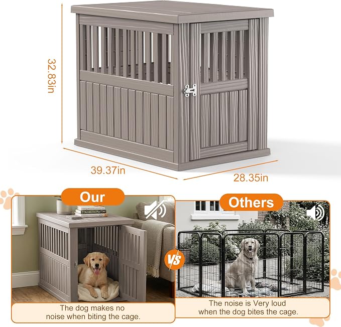 EFU 40 Inch Large Dog Crate Furniture, Indoor Dog Kennel, Puppy Pet House | Resin Pet House End Side Table, Waterproof Puppy Crates Cage for Large Medium Dogs to 70 lb, Grey