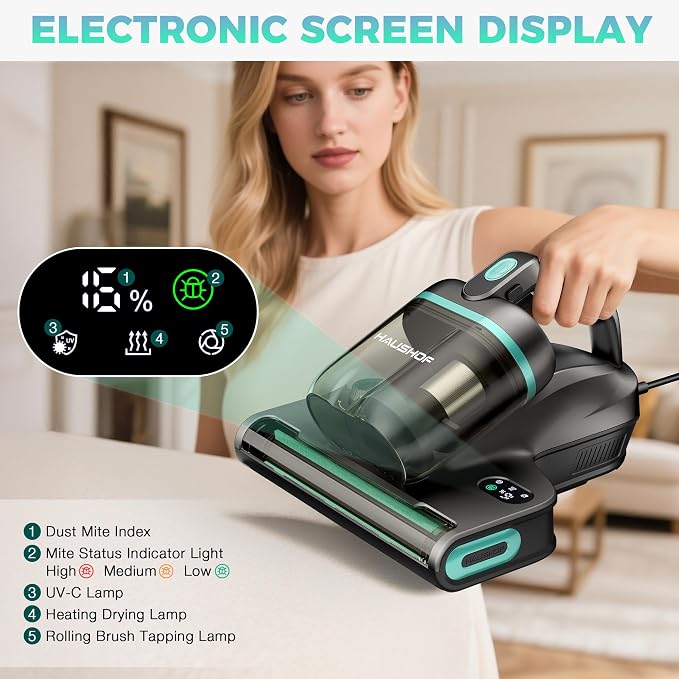HAUSHOF Mattress Vacuum Cleaner, 15Kpa Bed Vacuum Cleaner | 275nm UV-C Light, 140°F Heat, Aromatherapy, HEPA Filter, Dual Dust Cups, Versatile Handheld Vacuums for Bed, Sofa, Couch