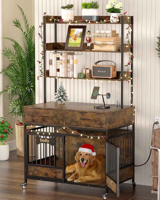 Petrova 40" Dog Crate Furniture with LED Light & 2 Storage Drawers, Heavy Duty Indoor Dog Kennel for Medium/Small Dogs, Wooden Dog Cage with Power Outlets, Charging Station, Lockable Wheels, Brown