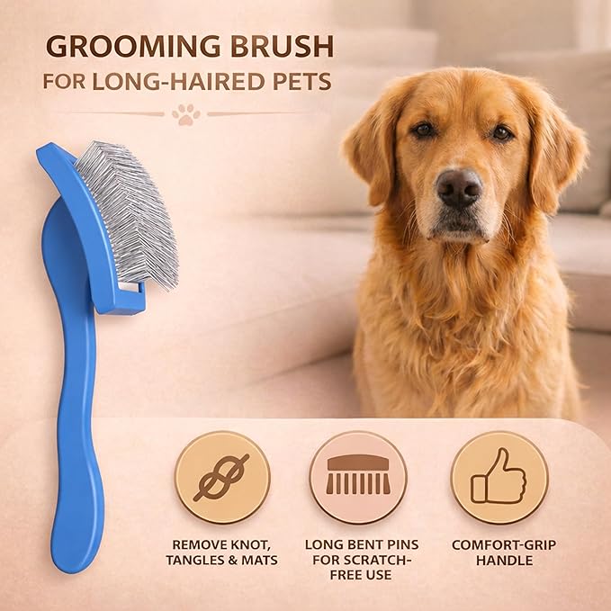 Slicker Brush for Dogs, Dog Brush for Shedding Massaging, Doodle Brush for Long Haired Dogs with Extra Long Pins to Effectively Remove Tangles, Knots and Mats (LARGE) (Blue, Large)