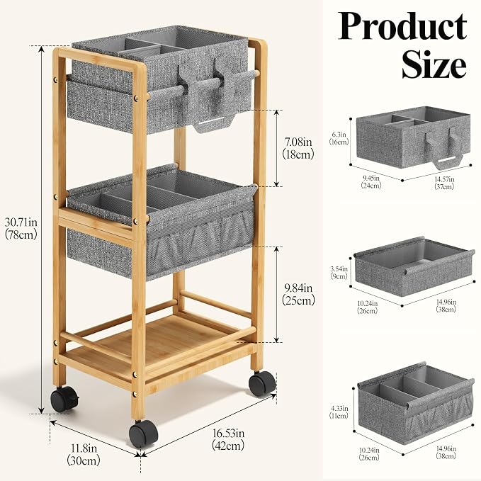 Bamboo Diaper Caddy Cart with Wheels - 3-Tier Rolling Storage，Light Grey | Removable bins, side pockets, sturdy handle, smooth wheels. For nursery, living room, laundry, pet. Natural bamboo, versatile