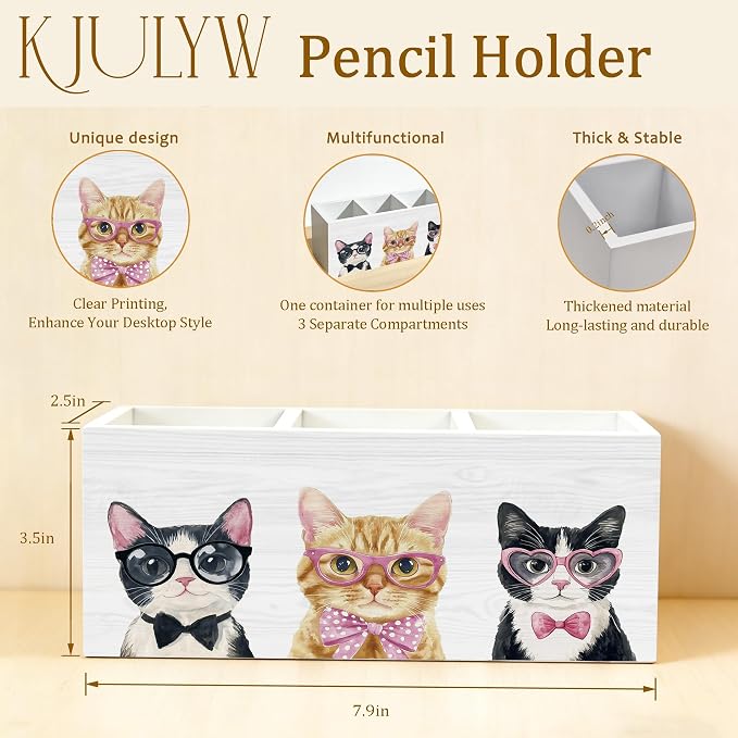 Cat Pen Holder for Desk, Cat Mom Lady Gifts, Coquette Bow Glasses Kitty Wooden Box Pencil Pen Holder Organizer for Kids Room Home Office Desk Accessories