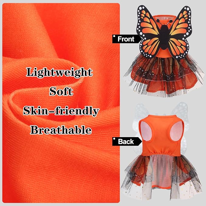 Dog Halloween Dress Costume in Non-Woven Tulle & Butterfly Wings | Puppy Clothes with Detachable Wings - Vest Princess Skirt for Small Medium Dogs Cats, Holiday Birthday Cosplay Pet Apparel S