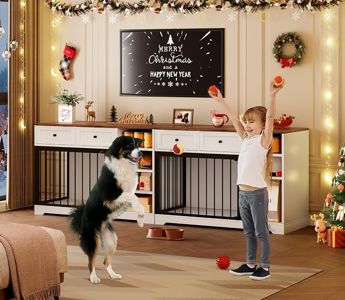 GarveeHome 47" Medium Dog Crate Furniture with Storage, White | Dog Crate TV Stand with 2 Drawers and 4 Open Shelves, Wooden Decorative Dog Kennel Indoor