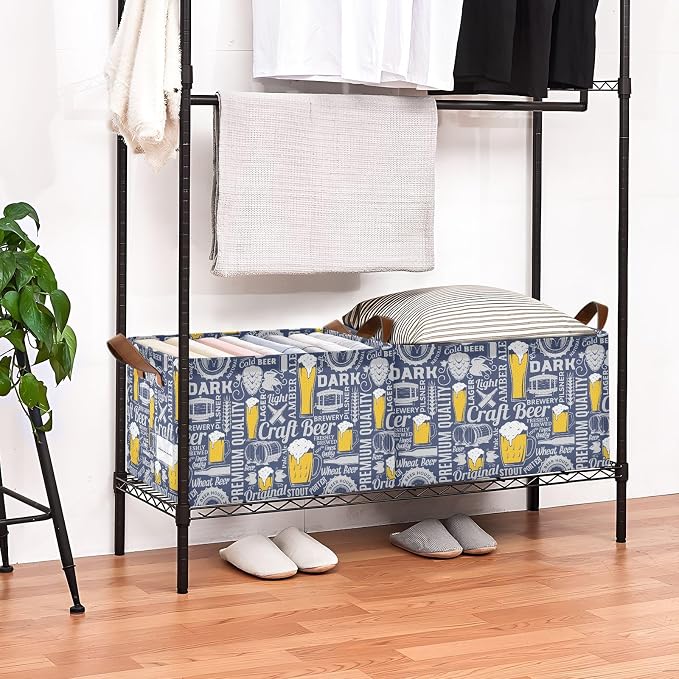 Deep Blue Beer Retro Vintage Malt Liquor Storage Bins for Shelves with Labels&Handles Fabric Organizer Bin Foldable Rectangle Storage Basket Boxes for Closet, Bathroom, Home, Living Room, 2 Pack