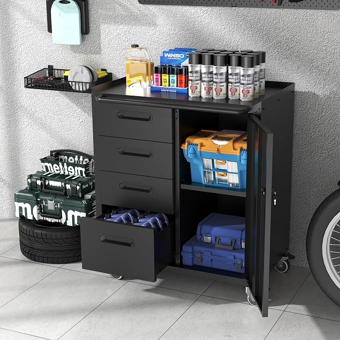 Metal Storage Cabinet for Garage, Tool Cabinet, Utility Cabinet | Wheeled, Rolling Tool Cabinet, 4 Drawers, 1 Door Lockable, Top Countertop, Assembly Required, Black