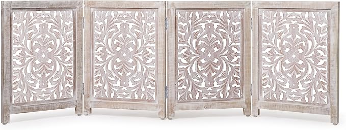 Lightnpro 4-Panel Carved Wooden Dog Gate with Stopper – 72 Inch Extra-Wide Foldable Freestanding Pet Barrier, White Wash Indoor Safety Fence for Small Dogs & Puppies – 24x18 Inch Panels