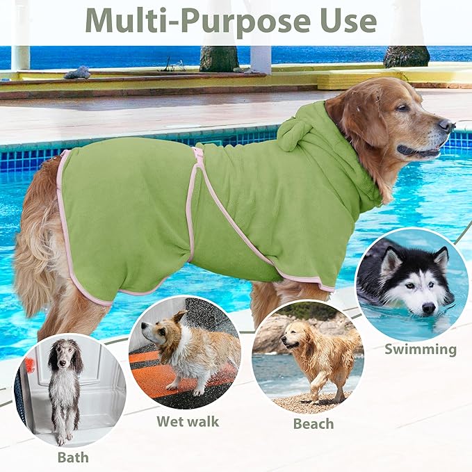 Dog Bathrobe Super Absorbent Towel Robe - Microfiber Bath Towels Fast Drying Coat for Dogs, Cute Dogs Clothes Adjustable Collar & Belly Strap Warm Keeping Hooded Dog Towel (Olive Green, Medium)
