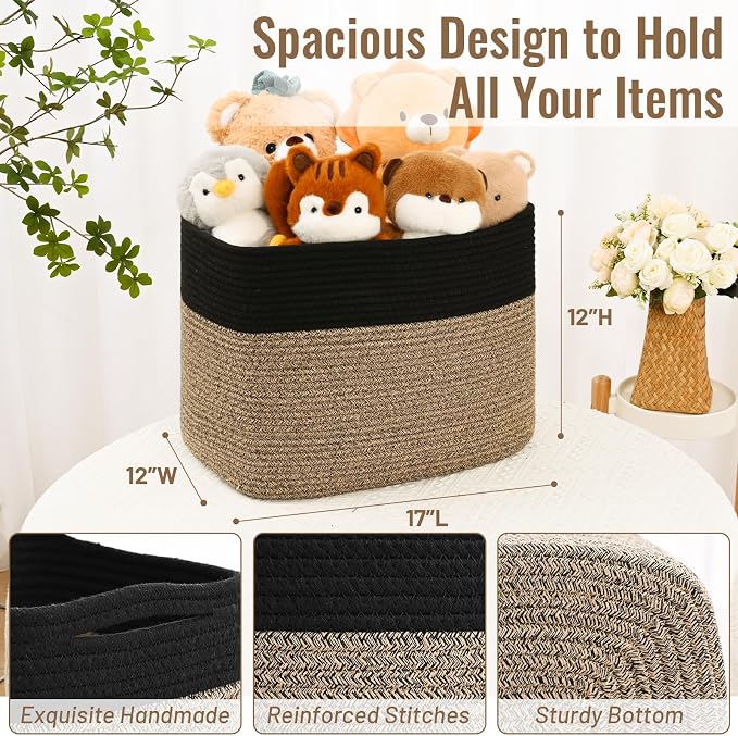3 Pack Cube Storage Bin, 17”x12”x12” Cotton Rope Woven Baskets for Organizing Toys Clothes Towels, Square Gift Storage Baskets for Shelves, Nursery, Closet, Bathroom, Pantry (Black & Brown)