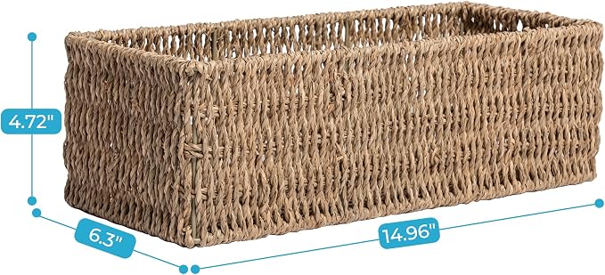 JS HANGER Toilet Basket Tank Topper， Seagrass Storage Baskets, Rectangular Wicker Baskets for Toilet Tank Top, Bathroom Wicker Basket, 14.9"L x 6.3"W x 4.7"H, 2-Pack