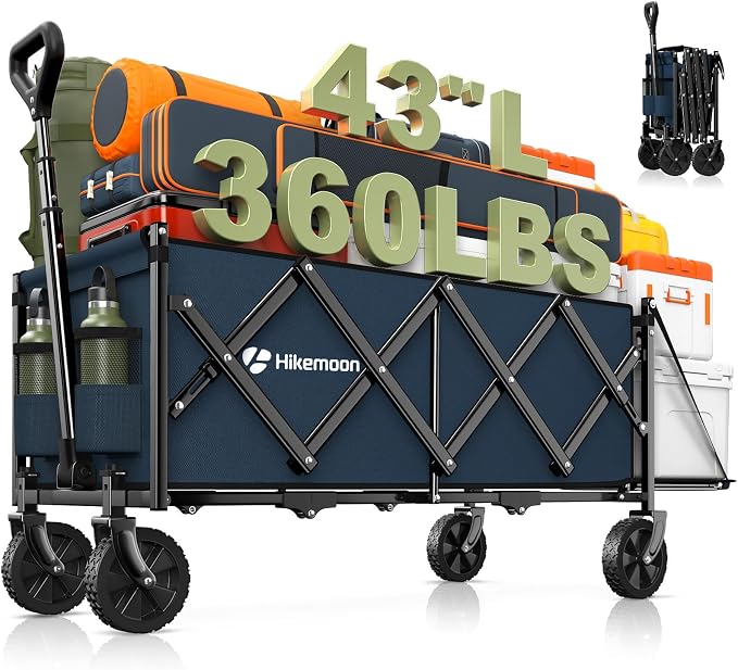 43'' Extra Long Folding Wagon with Extended Tailgate, Blue | Wagons Carts Foldable, 360LBS Heavy Duty, Compact Portable, Utility Collapsible for Shopping/Beach/Garden/Camping/Sports