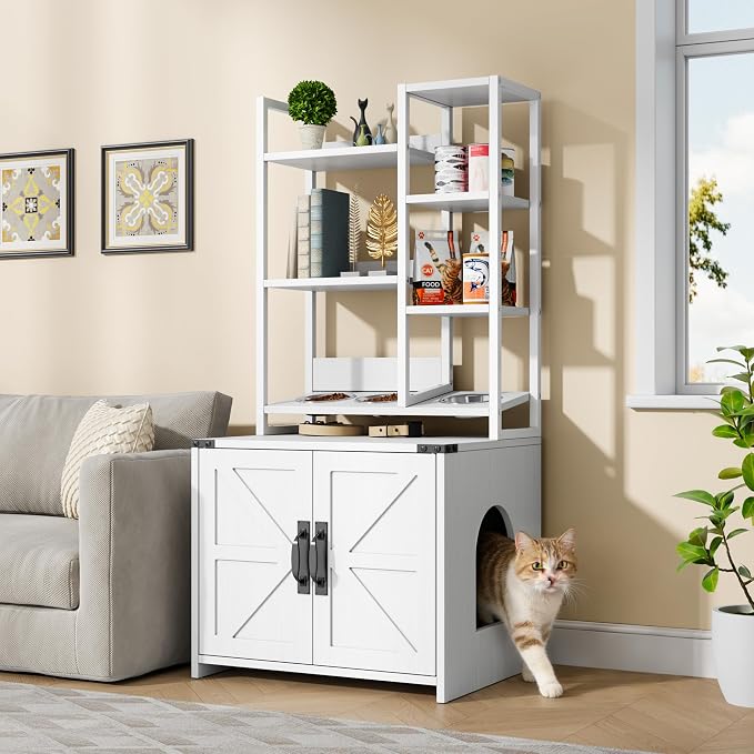 Saudism Cat Litter Box Enclosure with Feeding Station, Tall Cat Litter Box Furniture Hidden with 4-Tier Storage Shelves, Farmhouse Cat LitterBox Cabinet with Barn Door for Living Room, Bedroom, White