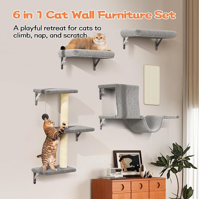 6-in-1 Wall Mounted Cat Climber Set for Heavy Cats,Wall Shelves,Stable & Safe Cat Furniture Set for Large Cats, Wooden Climbing Wall with Scratching Post (Grey)
