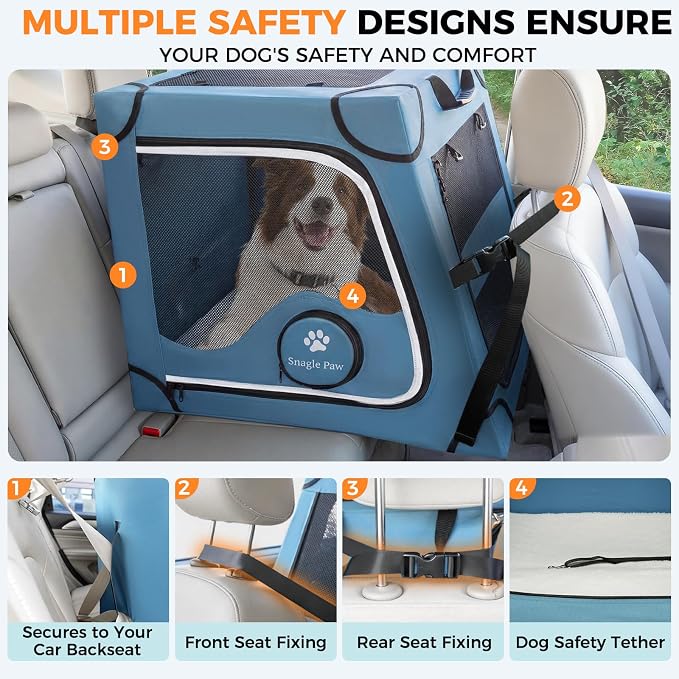 Snagle Paw Portable Dog Crate for Car Travel,Metal Frame Pet Crate,Pet Carrier for Car Back Seat Secures with Headrest Strap and Seatbelt,L