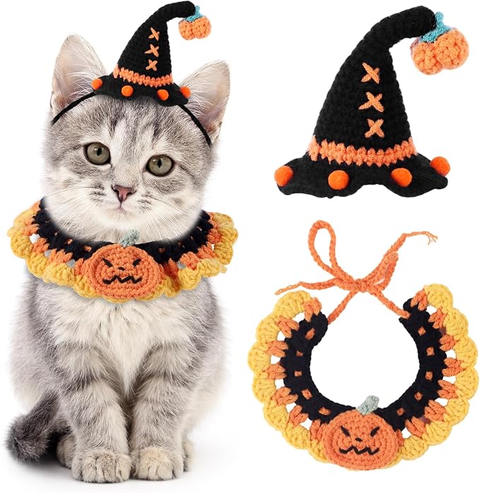 Kunyeah Halloween Pet Costume Set for Cats Small Dog Adjustable Knitted Hat Scarf Pumpkin & Witch Print Puppy Bib Cute Crochet Cat Collar Cap Pet Apparel Outfit (Orange-Pumpkin)