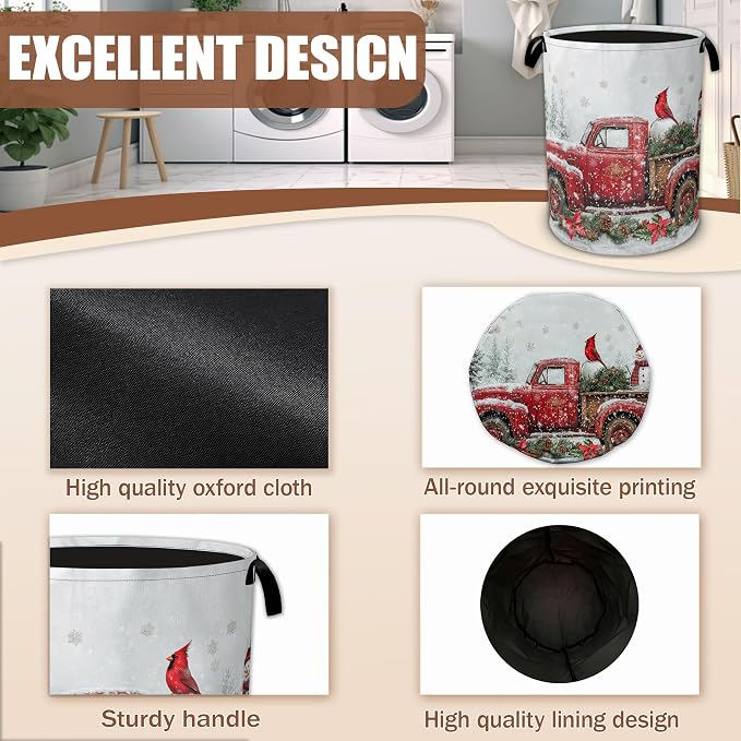 Laundry Basket Merry Christmas Collapsible Laundry Baskets Waterproof Oxford Cloth With Handles,Red Truck Laundry Hamper Clothes Storage Bucket Toy Organizer for Bathroom/Nursery/Bedroom 16" x 20.8"