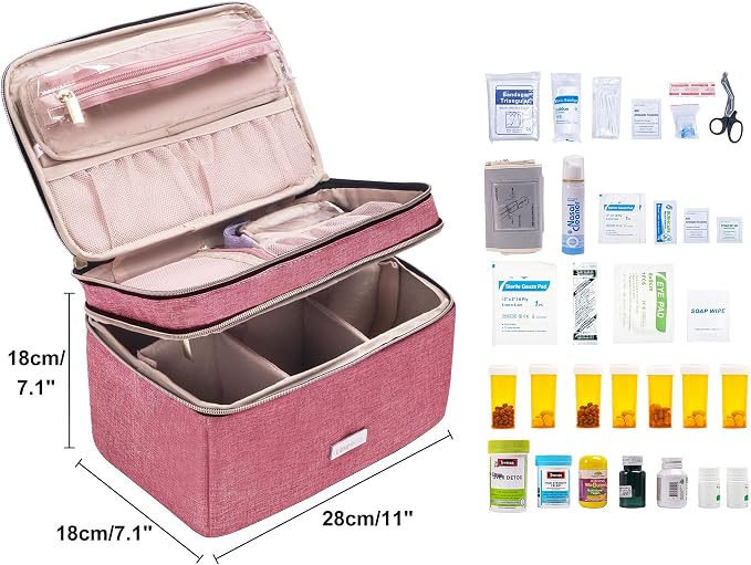 Lexeeco Travel Medicine Pill Bottle Organizer Bag with Portable Small Pouch | Medication Case with Lockable Zipper for Pill,Vitamin,Medicine Storage Box for College Dorm Student,Home,First Aid Bag Empty